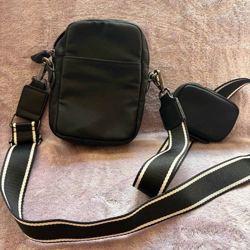 Chico's Black Nylon Crossbody Bag with Detachable Pouch and Striped Strap - Picture 9 of 11